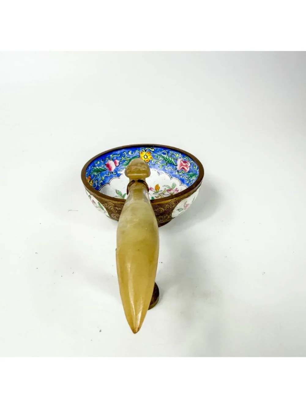 Antique Chinese Enameled Floral Jade Nephrite Hook Handle Bowl